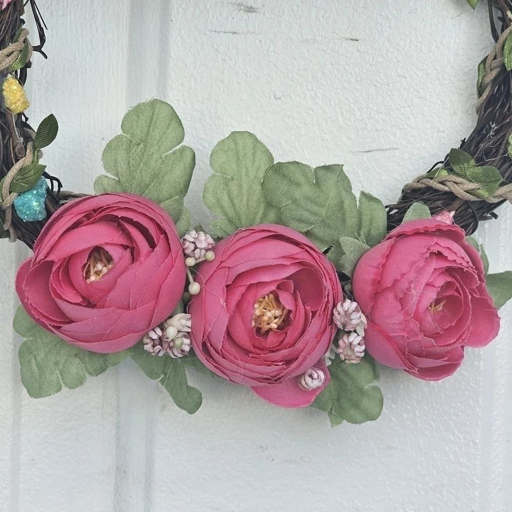 Handmade floral bunny Spring/Easter Wreath with Different shades of pink florals